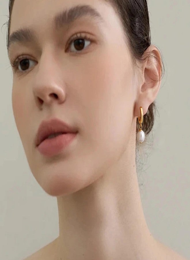 Fiusem Pearl Drop Earrings for Women, 14K Gold Plated Small Hoops and Pearl Dangle Earrings, 10mm Huggie Hoops - Image 4